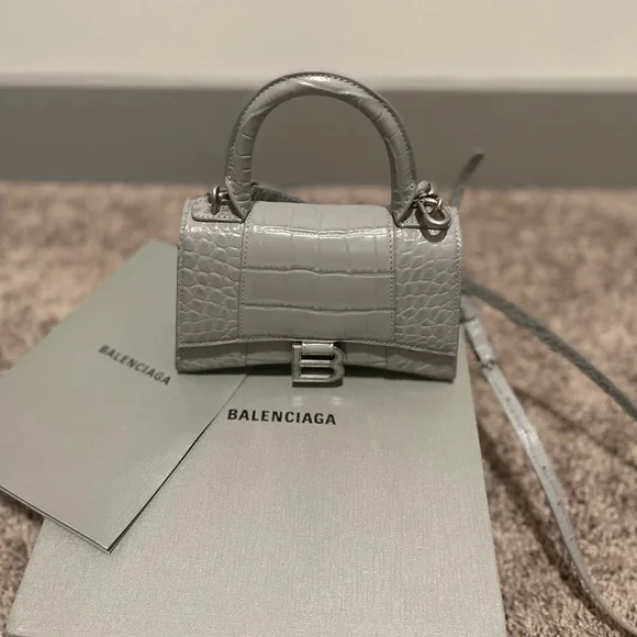 送料込 BALENCIAGA Gray Women's HOURGLASS Mini Handbag Balenciaga Hourglass Small Handbag in Printed Denim | Saks